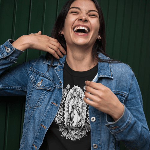 happy girl wearing a t shirt mockup and a denim jacket a17461