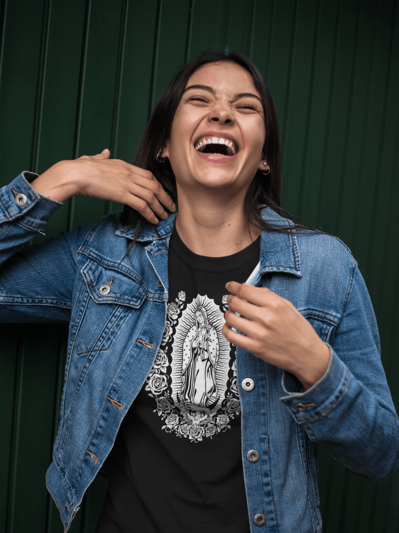 happy girl wearing a t shirt mockup and a denim jacket a17461