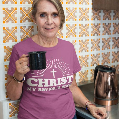 senior woman wearing a t shirt mockup while having a morning coffee a20658