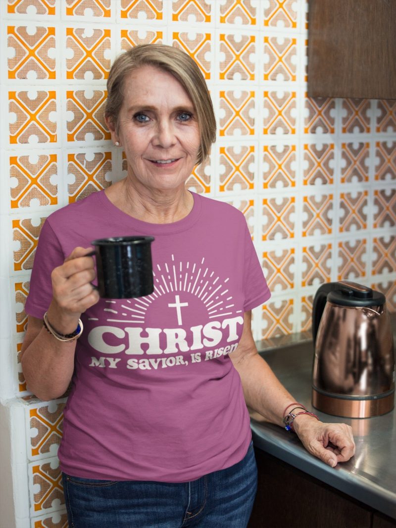 senior woman wearing a t shirt mockup while having a morning coffee a20658