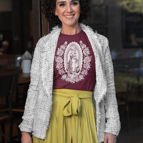 t shirt mockup featuring a middle aged woman with curly hair by a restaurant window 31613