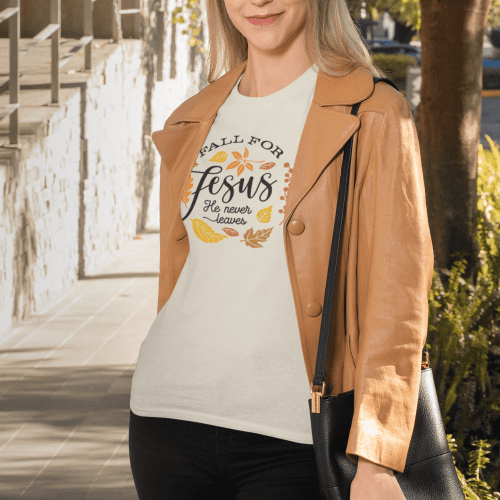 t shirt mockup featuring a woman smiling in autumn 31816