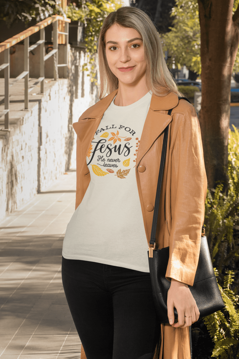 t shirt mockup featuring a woman smiling in autumn 31816